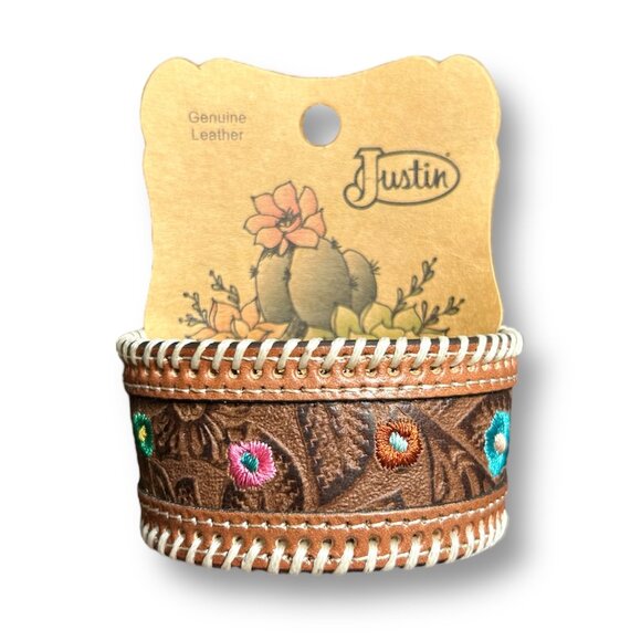 Justin Western Genuine Leather Cuff Bracelet Floral Tooled Embroidered Cowgirl - Picture 1 of 5